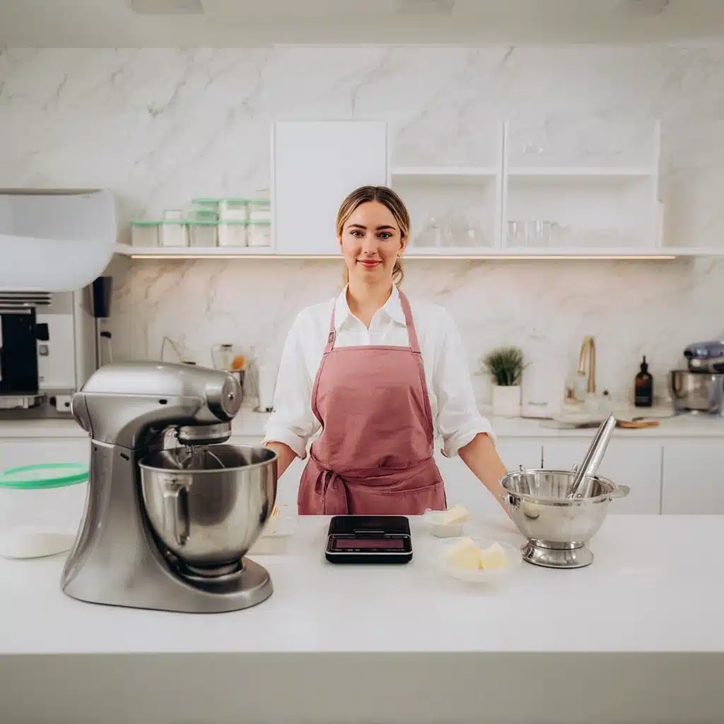 Food blogger Lina in a bright modern kitchen wearing a pink apron beside a stand mixer and baking ingredients