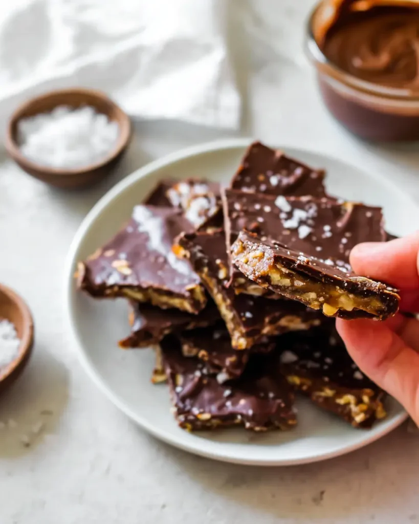Date Bark Recipe: Easy, Healthy & Viral No-Bake Treat 8 Hand holding a bite-sized piece of date bark recipe showing chocolate, peanut butter, and peanut layers.