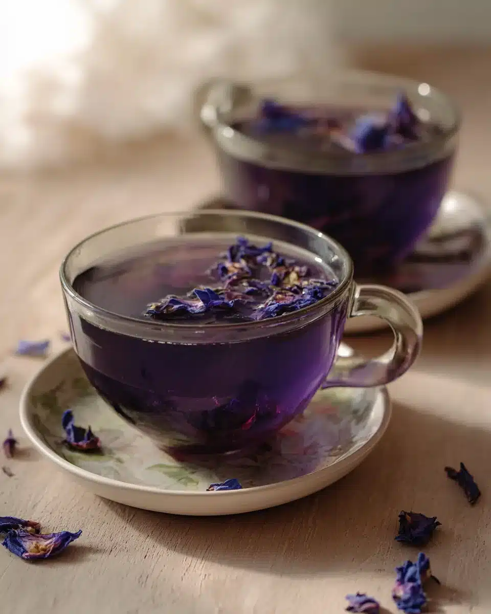Brazilian Mounjaro recipe shown in two ceramic cups of vibrant purple butterfly pea tea with dried flowers on a wooden surface