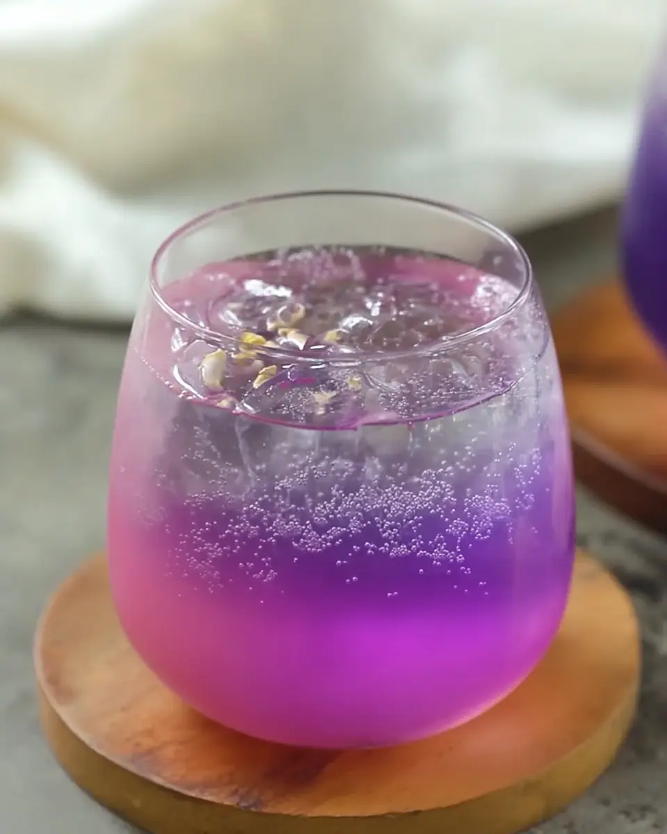 Chilled butterfly pea tea lemonade with ice and bubbles in a clear glass on a natural surface