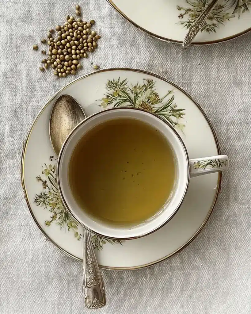 CFC tea recipe served in vintage cup with coriander seeds scattered on textured table