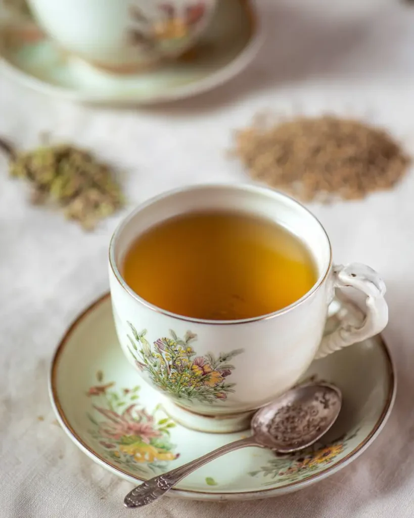 Cup of CFC tea served in a vintage floral teacup with cumin, fennel, and coriander seeds in the background