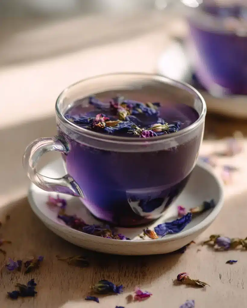 Brazilian Mounjaro Recipe – Natural Weight Loss Drink with Butterfly Pea & ACV 9 Ceramic mugs filled with Brazilian Mounjaro recipe tea, deep purple in color, surrounded by dried butterfly pea flowers on a wood tabletop
