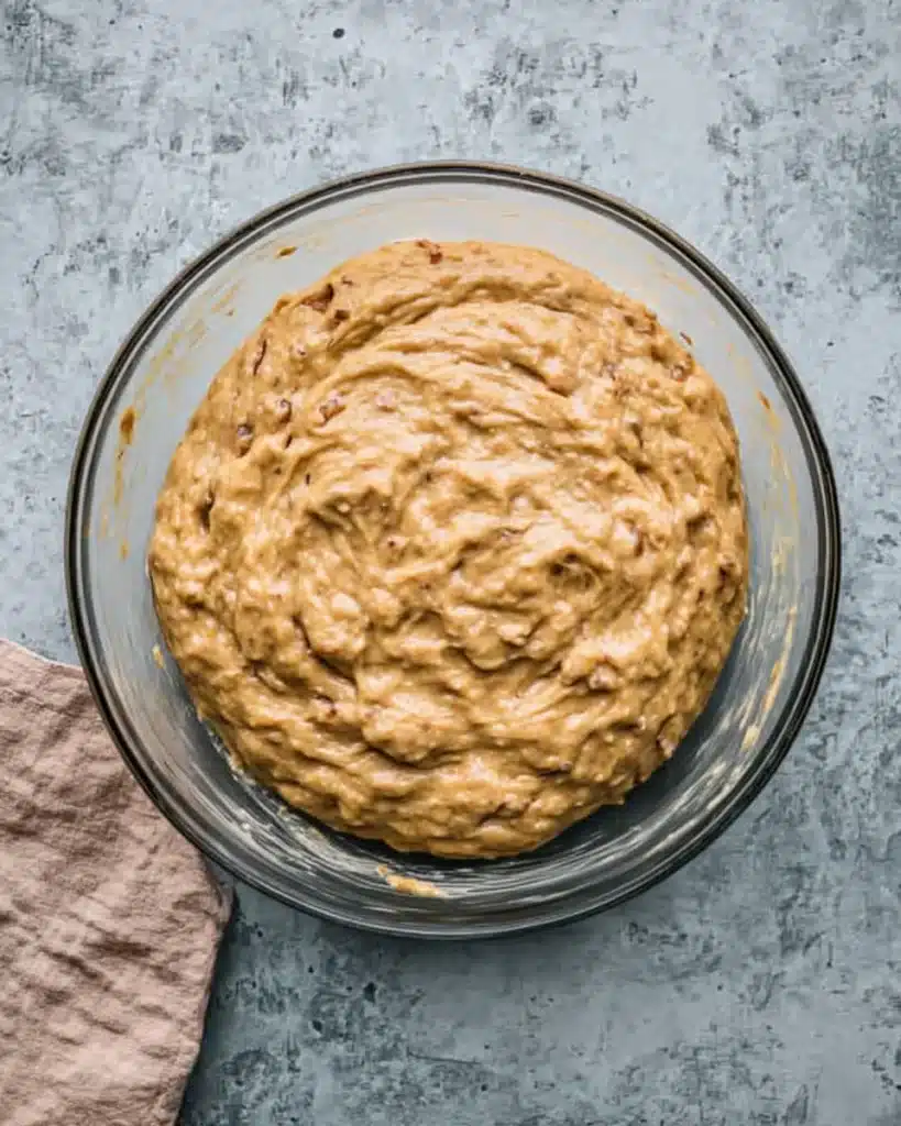 Date Nut Bread Recipe – Easy, Moist, and Nostalgic 7 Thick golden date nut bread batter swirled in a clear glass bowl on a rustic stone countertop