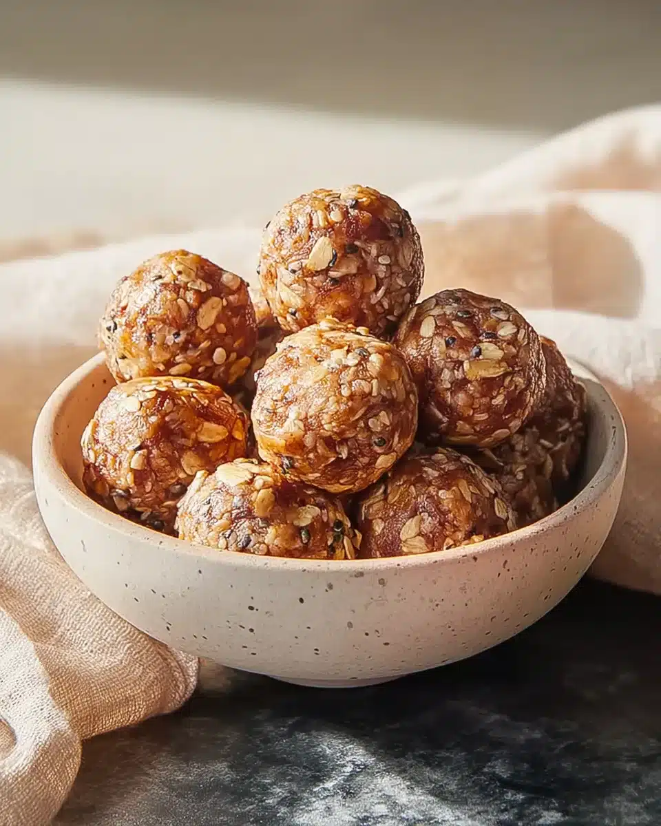 Bowl of homemade energy balls with oats, dates, peanut butter, and chia seeds on a neutral background
