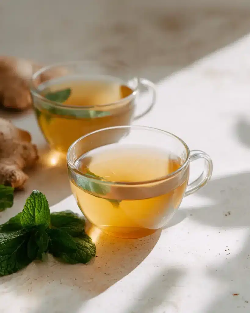 Tummy Tea Recipe for Belly Bloat, Digestion & Weight Loss Support 9 Steaming tummy tea recipe in clear glass mugs with fresh herbs and ginger root on a sunny counter