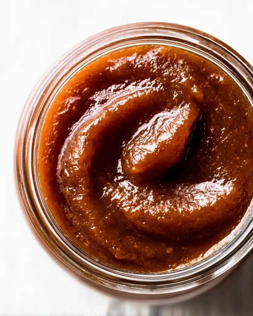 Creamy date paste in a glass jar with glossy swirls and rich brown color