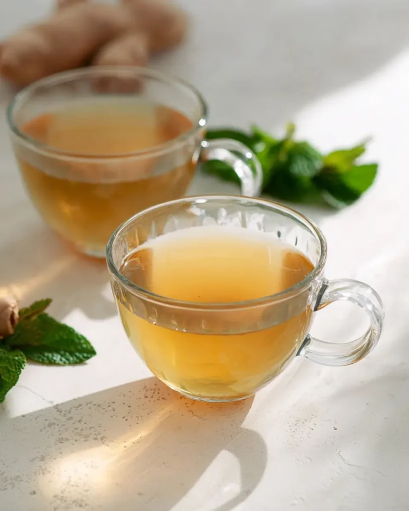 Clear glass cups of tummy tea with fresh mint and ginger on a light surface in natural light