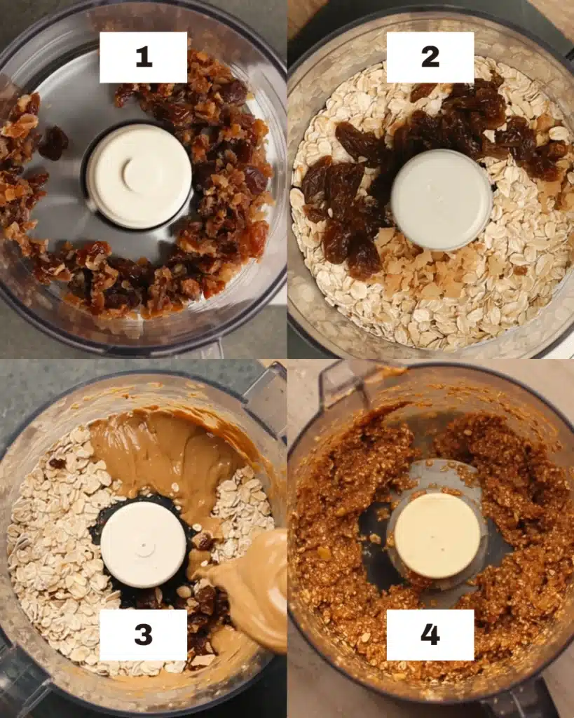 Energy Balls with Dates and Oats and Peanut Butter – Easy Snack 10 Step-by-step view of making energy balls: chopped dates, oats, and peanut butter in a food processor, blended into a sticky, ready-to-roll mixture