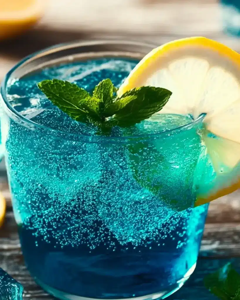 Close-up of icy blue tonic recipe with mint and lemon on a rustic wood surface
