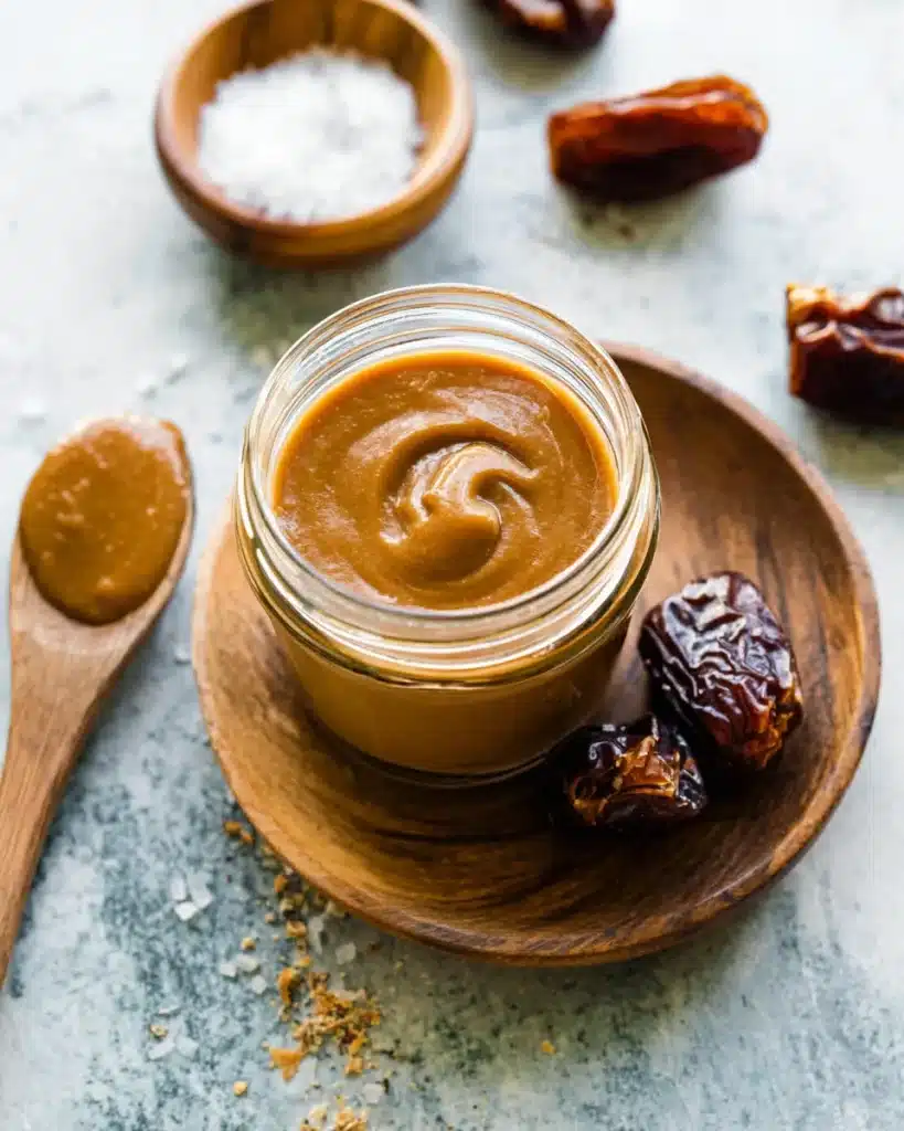 Dates Caramel Sauce Recipe – A Healthy, 3-Ingredient Natural Sweetener 6 Angled view of a glass jar filled with thick caramel from the dates caramel sauce recipe, styled on a wooden plate with dried dates, sea salt, and a rustic spoon.