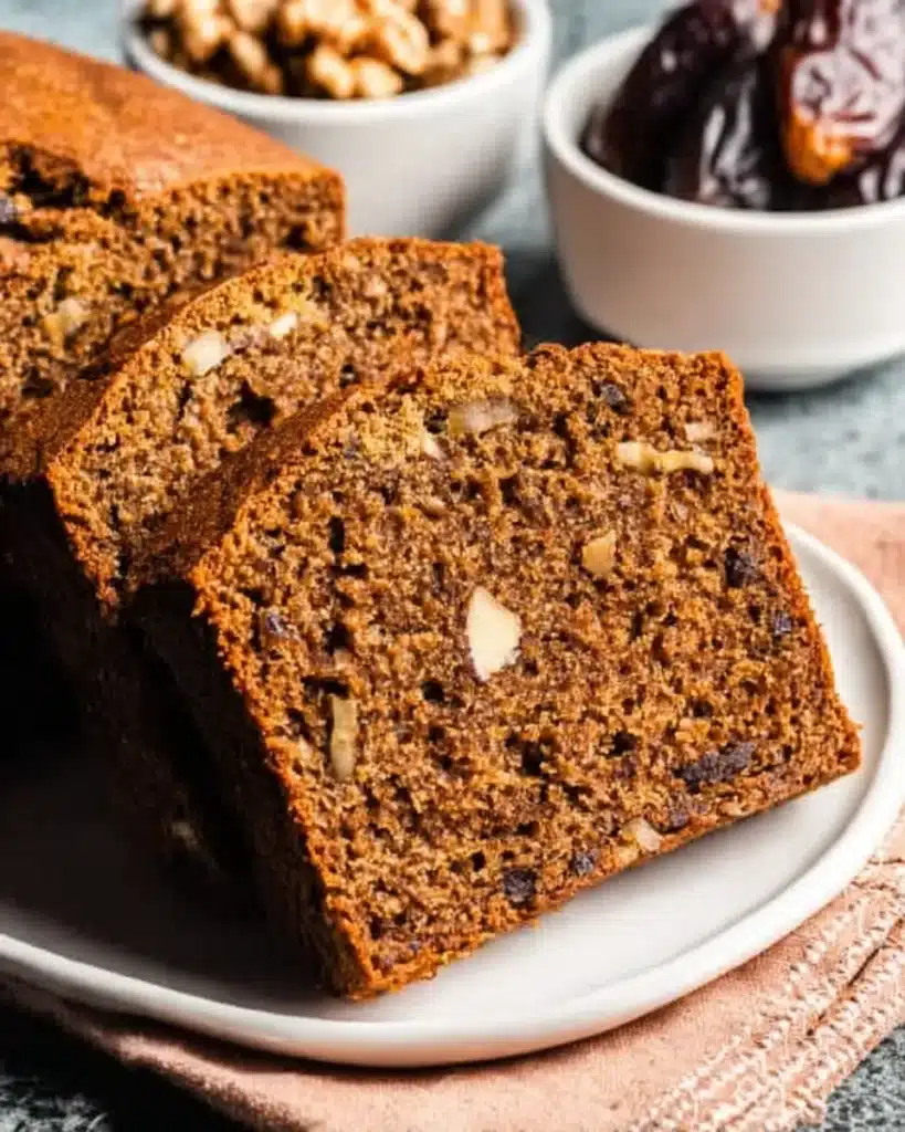 Date Nut Bread Recipe – Easy, Moist, and Nostalgic 10 Close-up of moist slices from a date nut bread recipe with walnuts and chopped dates, served on a white plate