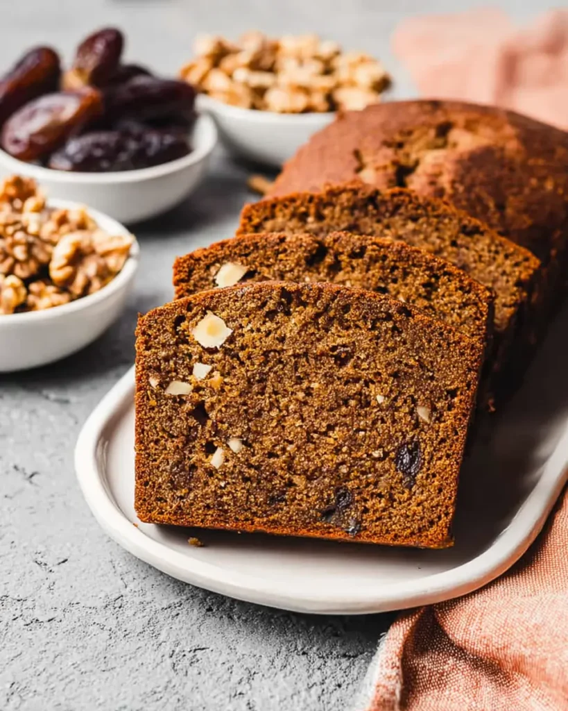 Slices of moist date nut bread with walnuts and dates on a white plate, surrounded by rustic bowls of ingredients