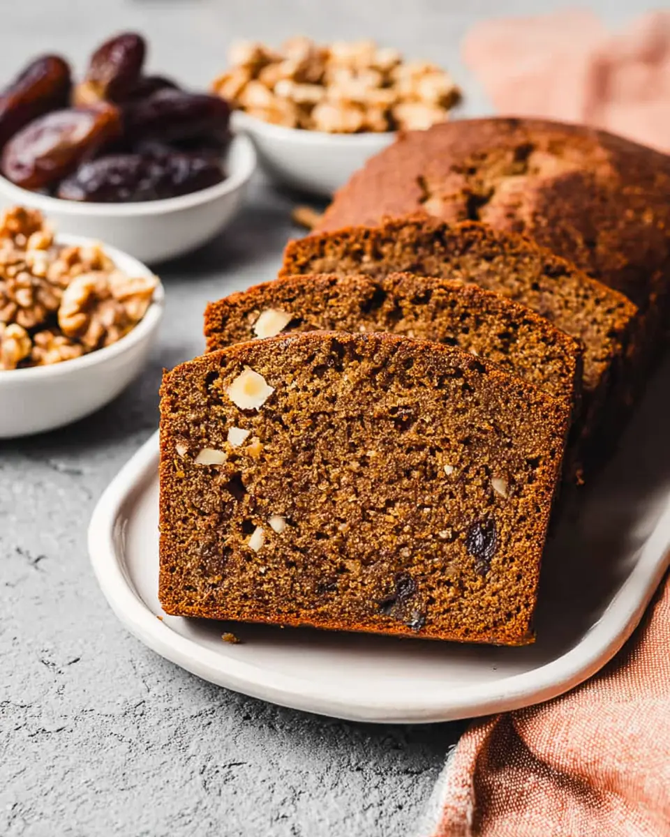 Slices of moist date nut bread with walnuts and dates on a white plate, surrounded by rustic bowls of ingredients