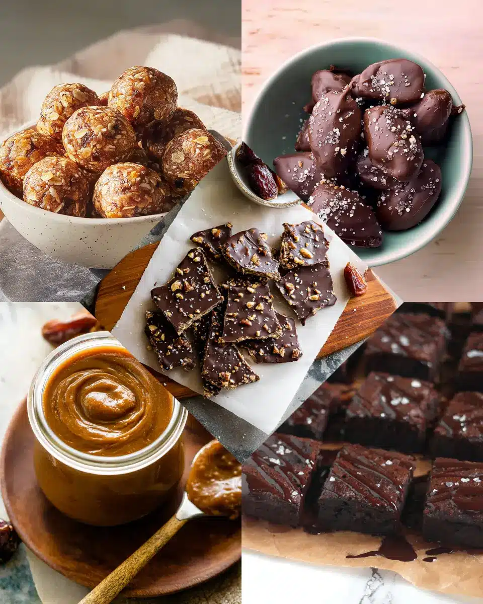 A collage of five healthy date desserts including fudgy brownies, chocolate date bark, tahini chocolate bites, creamy date caramel sauce, and no-bake date energy balls