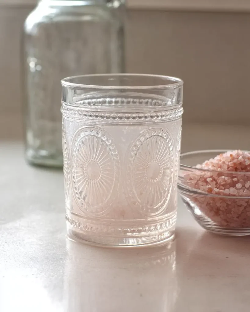 Close-up of a simple glass prepared for the pink salt trick recipe, filled with sole water and placed beside a bowl of pink Himalayan salt on a countertop