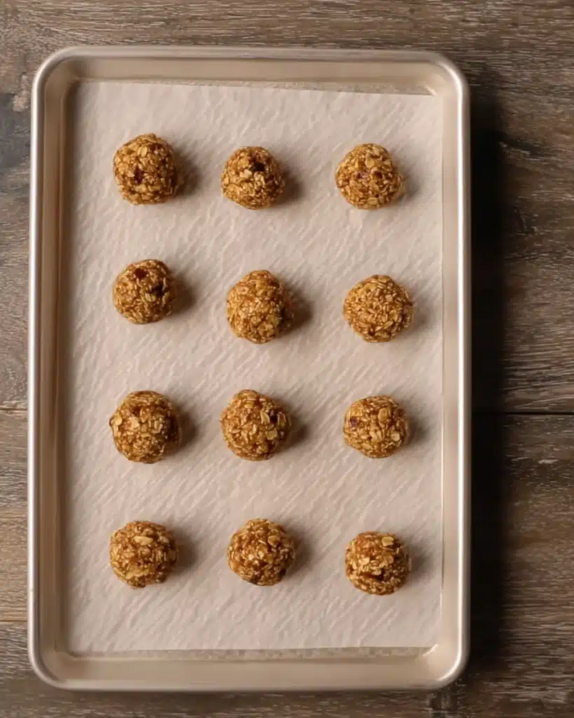 Energy Balls with Dates and Oats and Peanut Butter – Easy Snack 11 Energy balls with dates and oats and peanut butter arranged on a parchment-lined baking tray before chilling