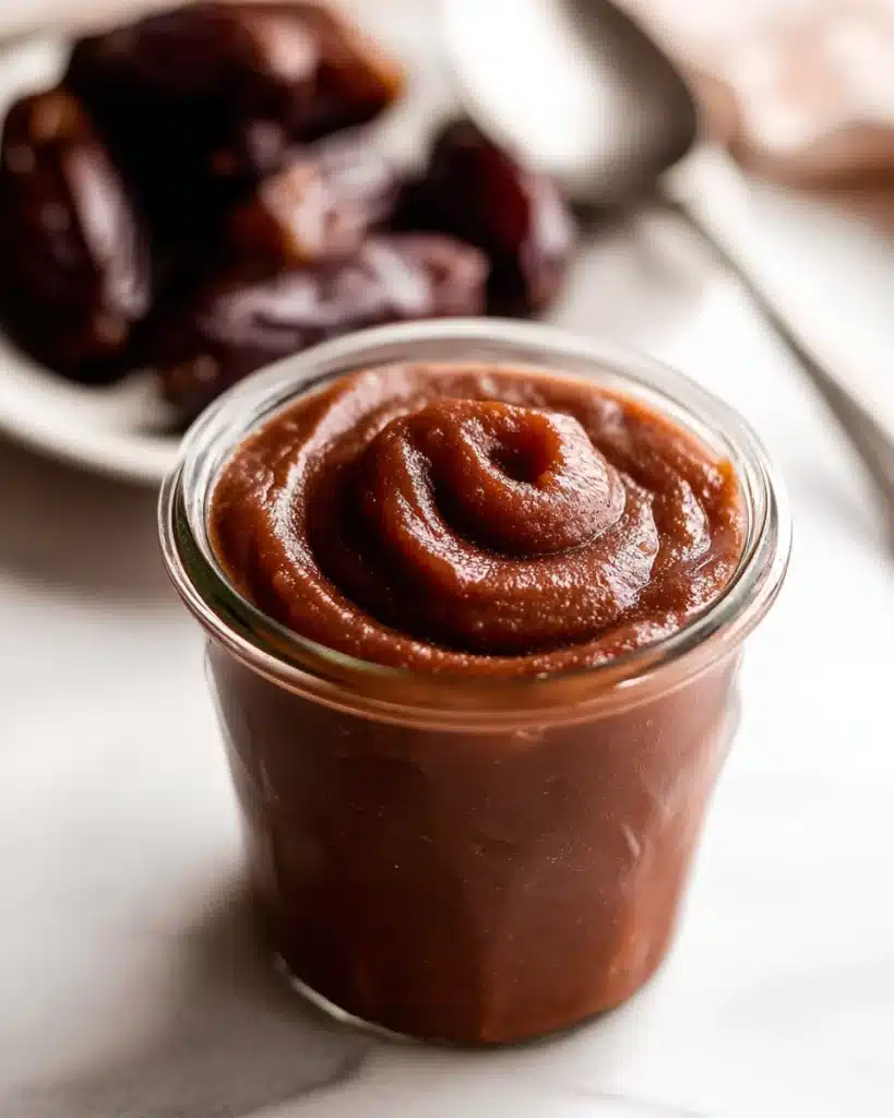 Date Paste Recipe – How to Make and Use This Healthy Natural Sweetener 6 Glass jar of thick homemade date paste with smooth glossy swirl and dates in background