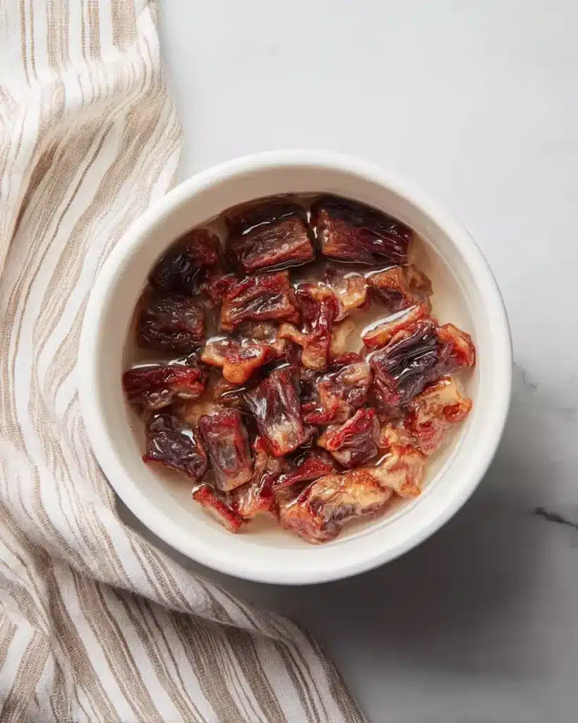 Energy Balls with Dates and Oats and Peanut Butter – Easy Snack 9 Chopped Medjool dates soaking in warm water inside a white bowl on a slate surface