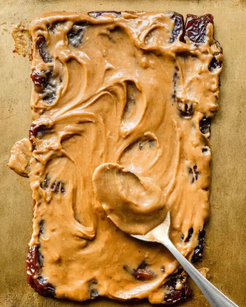 Date Bark Recipe: Easy, Healthy & Viral No-Bake Treat 7 Peanut butter being spread with a spoon over dates in the second step of the date bark recipe.