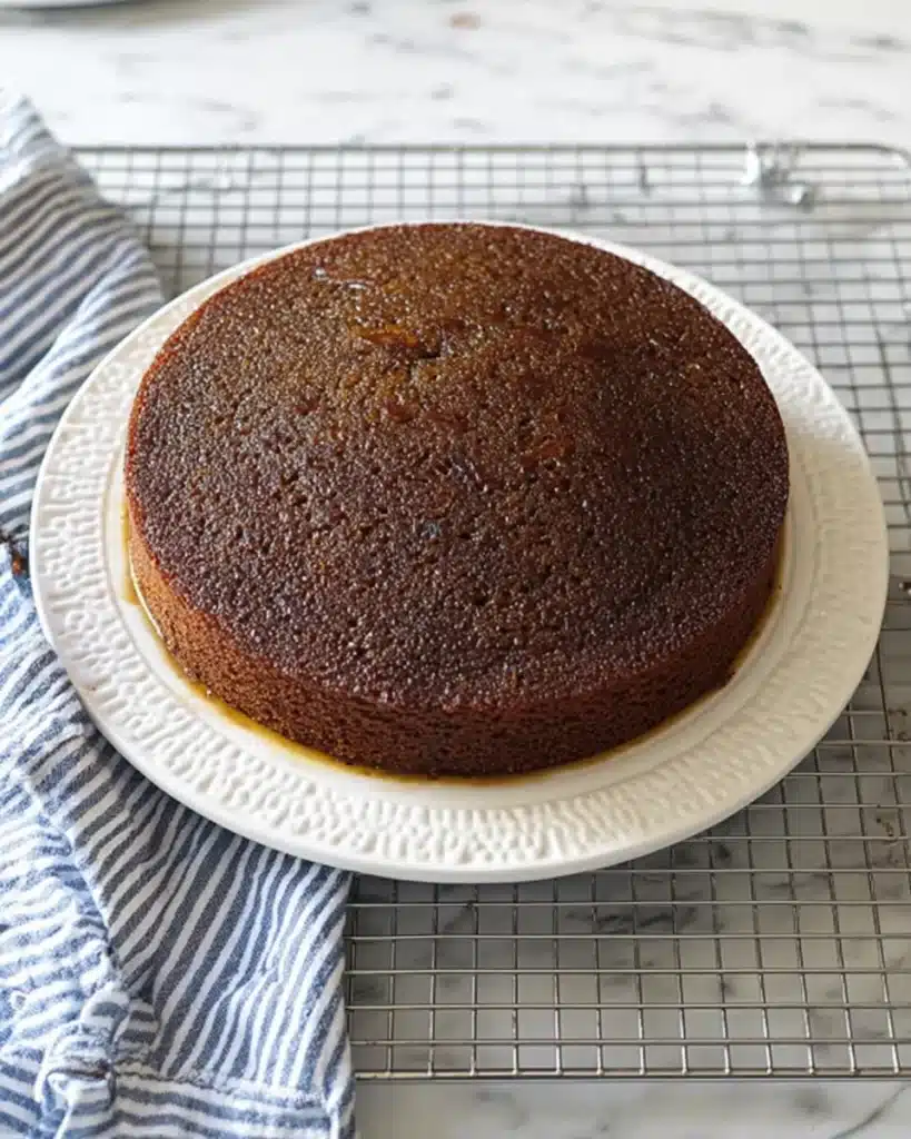 Sticky Date Cake Recipe – Moist, Rich & Perfect with Toffee Sauce 8 Sticky date cake recipe shown whole and upside down on a white ceramic plate, resting on a cooling rack before glazing.