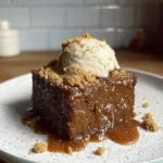 Sticky Date Cake Recipe – Moist, Rich & Perfect with Toffee Sauce 11 A square slice of sticky date cake with glossy toffee sauce, topped with brown butter ice cream and shortbread crumbles on a ceramic plate.