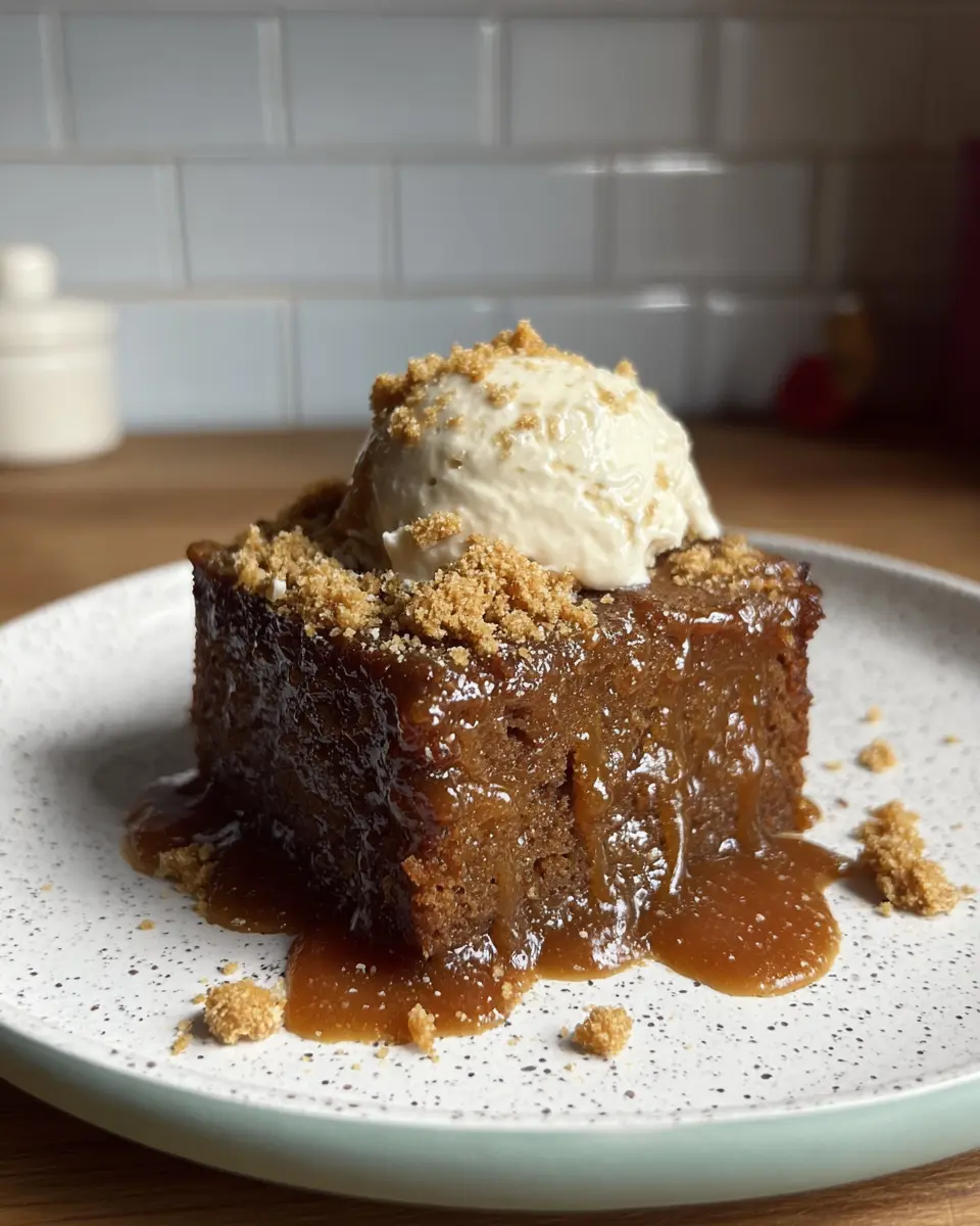 A square slice of sticky date cake with glossy toffee sauce, topped with brown butter ice cream and shortbread crumbles on a ceramic plate.