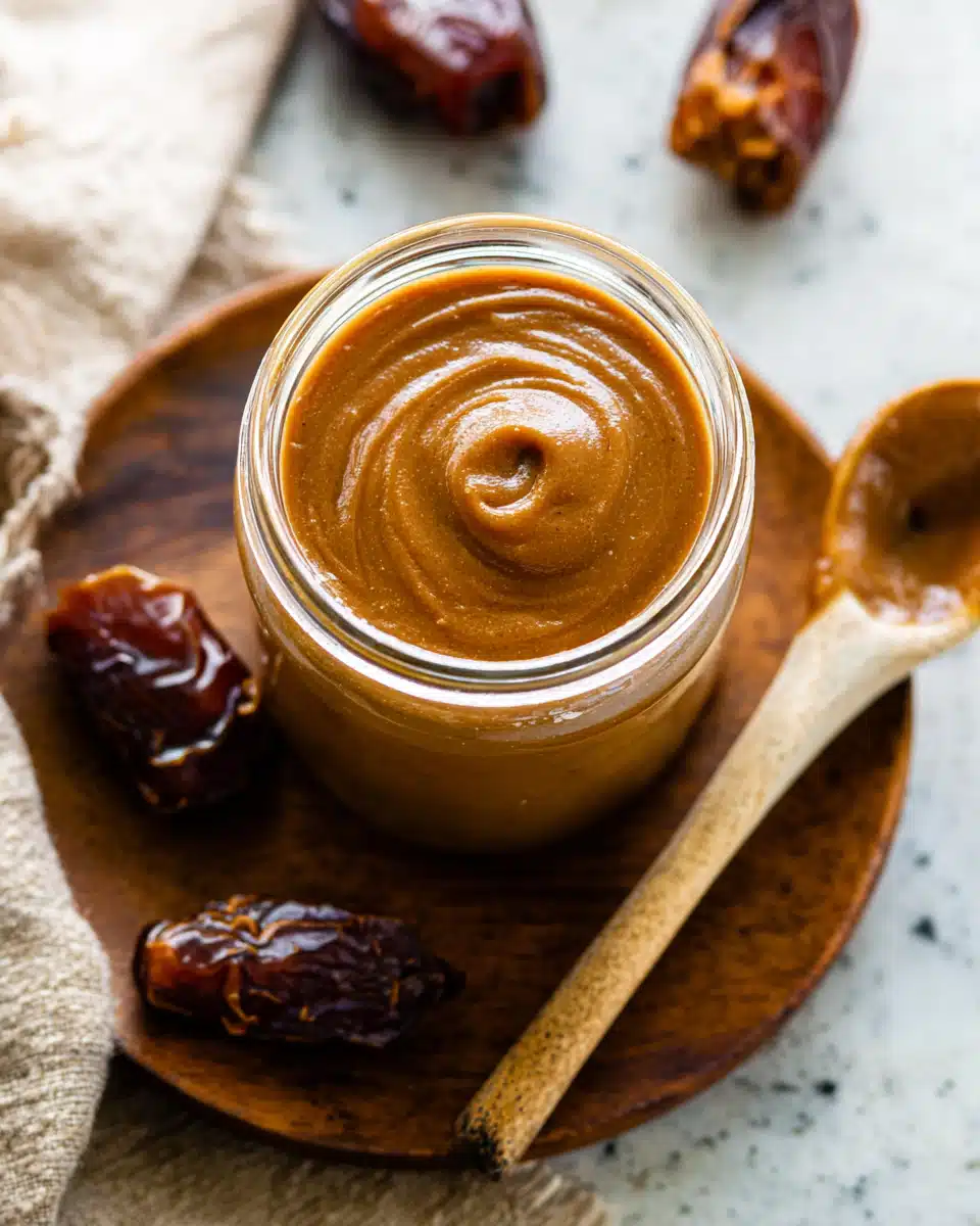 Overhead view of a glass jar filled with caramel from a dates caramel sauce recipe, placed on a wooden plate with a spoon and surrounded by dried dates.