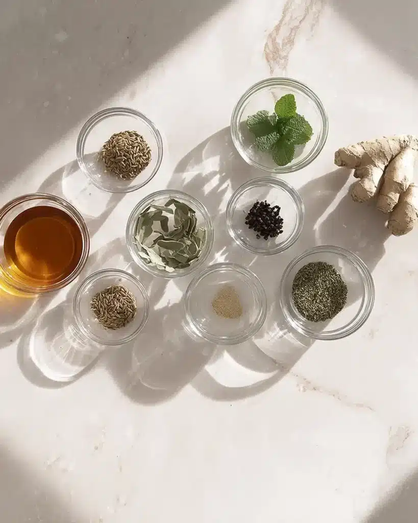 Tummy Tea Recipe for Belly Bloat, Digestion & Weight Loss Support 10 Flat lay of tummy tea ingredients in glass bowls on a marble surface