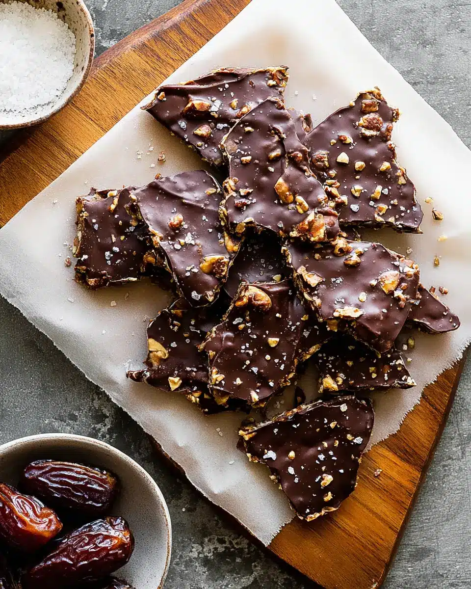 Homemade date bark pieces with dark chocolate, peanuts, and flaky sea salt on parchment paper.