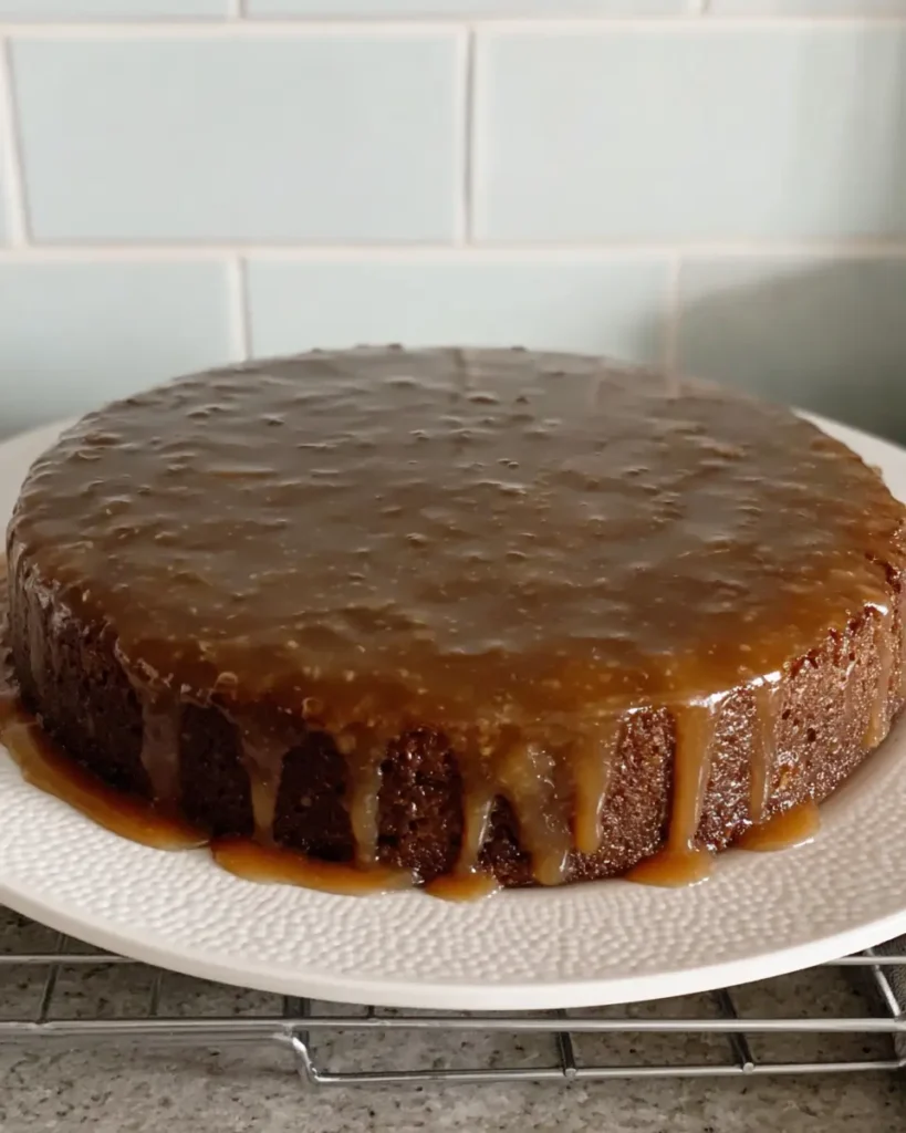 Sticky Date Cake Recipe – Moist, Rich & Perfect with Toffee Sauce 9 Whole round sticky date cake recipe glazed with toffee sauce on a white plate over a cooling rack.