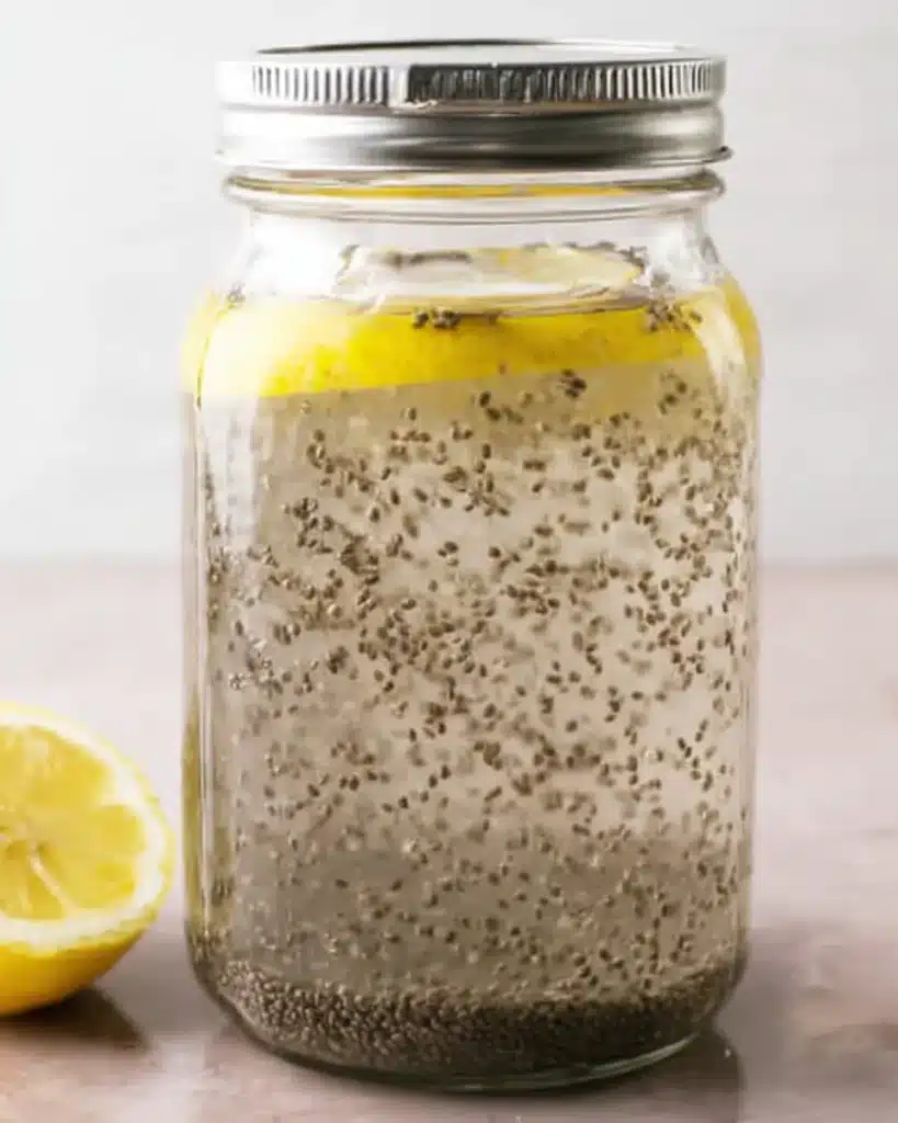 Chia Seeds Water: Easy Daily Drink for Digestion & Energy 6 Close-up of hydrated chia seeds water with floating lemon slices in a mason jar