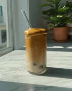 Final whipped honey coffee recipe served in a clear glass with thick foam and straw on a sunlit marble counter