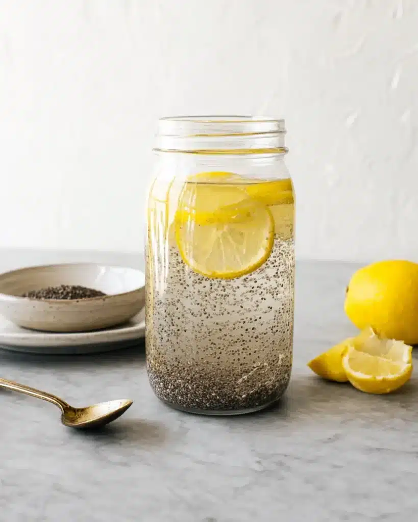 Mason jar of chia seeds water with lemon slices on marble countertop