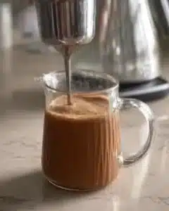 Starting the whipped honey coffee recipe by placing a milk frother into a glass cup filled with coffee and honey mixture