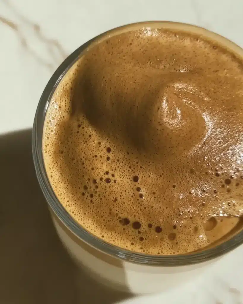 Whipped Honey Coffee Recipe: A Creamy, Naturally Sweet Dalgona Twist 16 Close-up of whipped honey coffee recipe showing thick frothy foam in a glass with creamy texture and tiny bubbles on a light surface