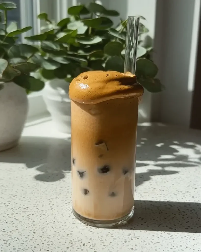 Tall glass of whipped honey coffee with ice and frothy foam, sitting on a stone counter with plant in background