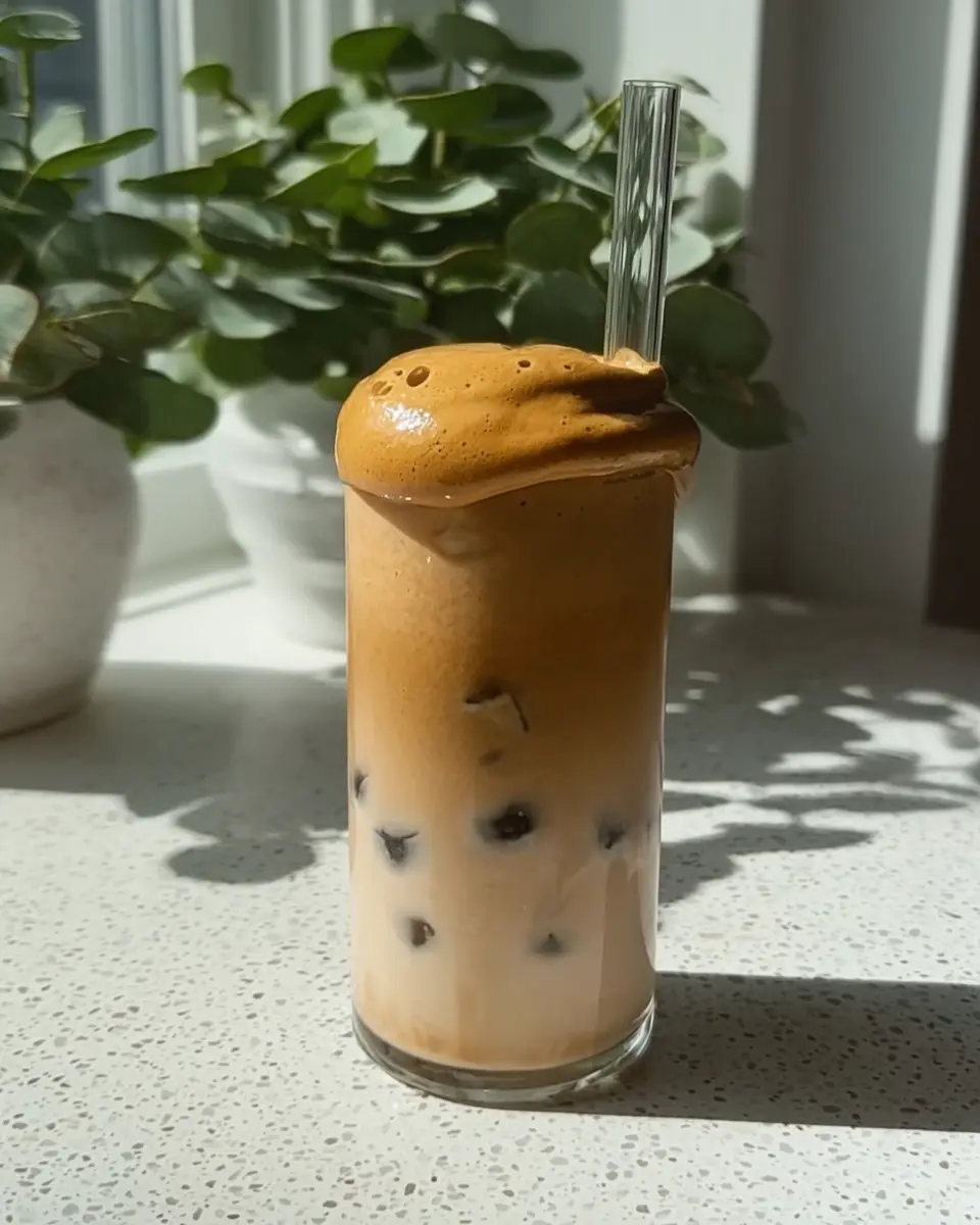 Tall glass of whipped honey coffee with ice and frothy foam, sitting on a stone counter with plant in background