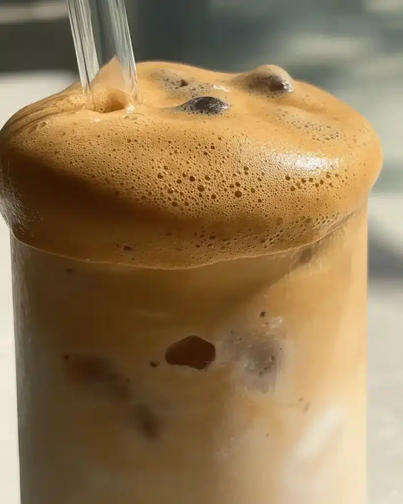 Whipped Honey Coffee Recipe: A Creamy, Naturally Sweet Dalgona Twist 15 Iced whipped honey coffee in a tall glass topped with thick frothy foam and served with a clear straw on a light surface