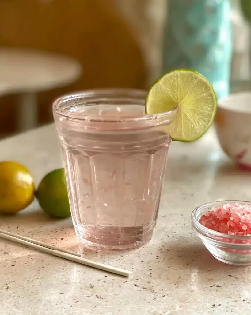 Oprah Pink Salt Diet Recipe 10 Glass of pink salt detox water with lime on marble surface