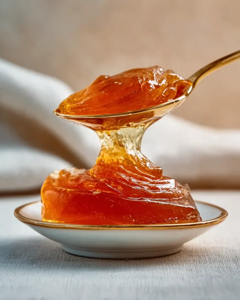 Glossy amber gelatin being lifted by a spoon, showing smooth texture for the gelatin trick method.