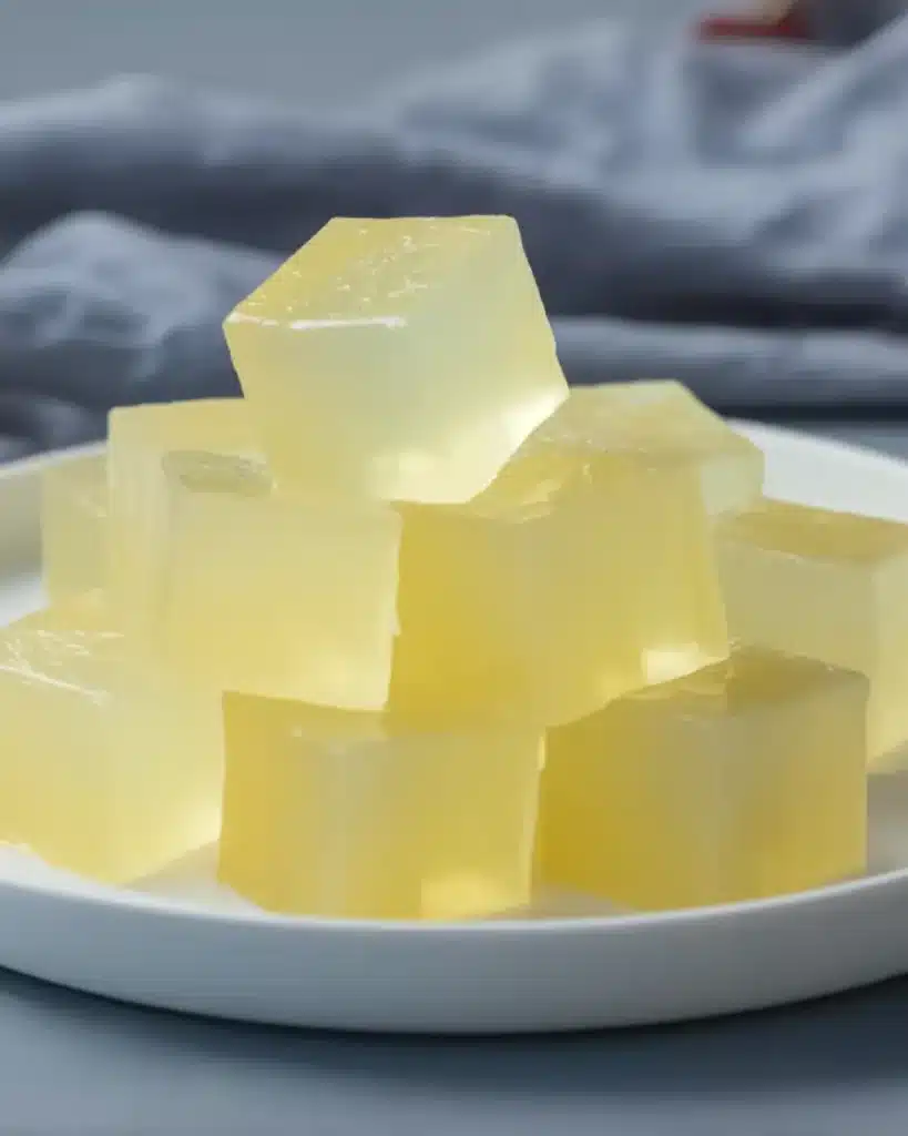 Translucent gelatin trick cubes stacked on a white plate with a clean white background.
