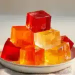 Colorful gelatin cubes in red, orange, and yellow stacked on a white plate with soft lighting.