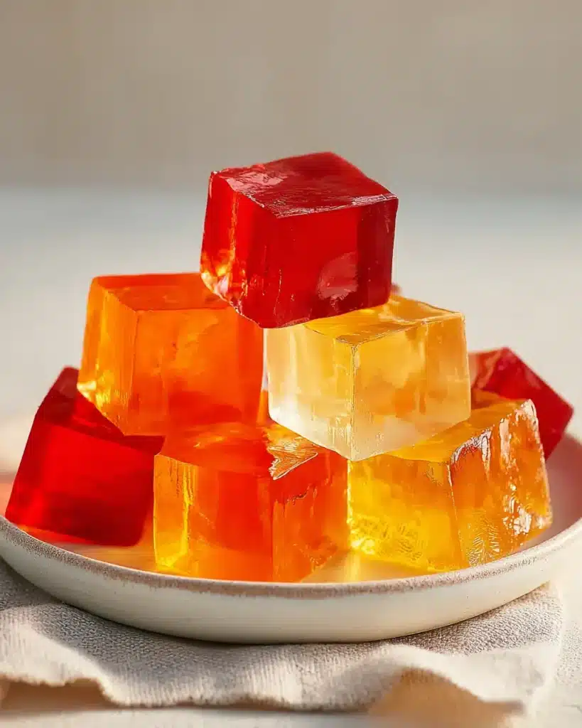 Colorful gelatin cubes in red, orange, and yellow stacked on a white plate with soft lighting.