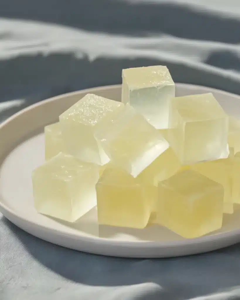 Finished gelatin cubes in a clear dish for the gelatin trick for weight loss recipe.