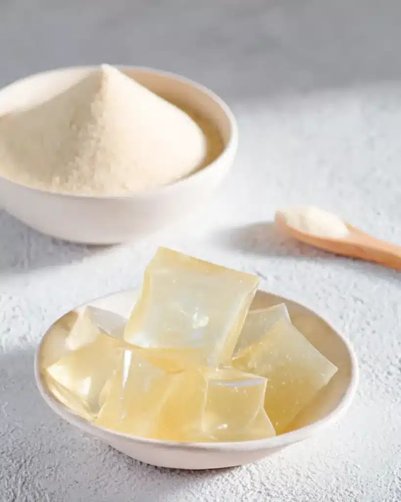 Pale yellow gelatin cubes in a small dish with gelatin powder in the background on a clean surface.