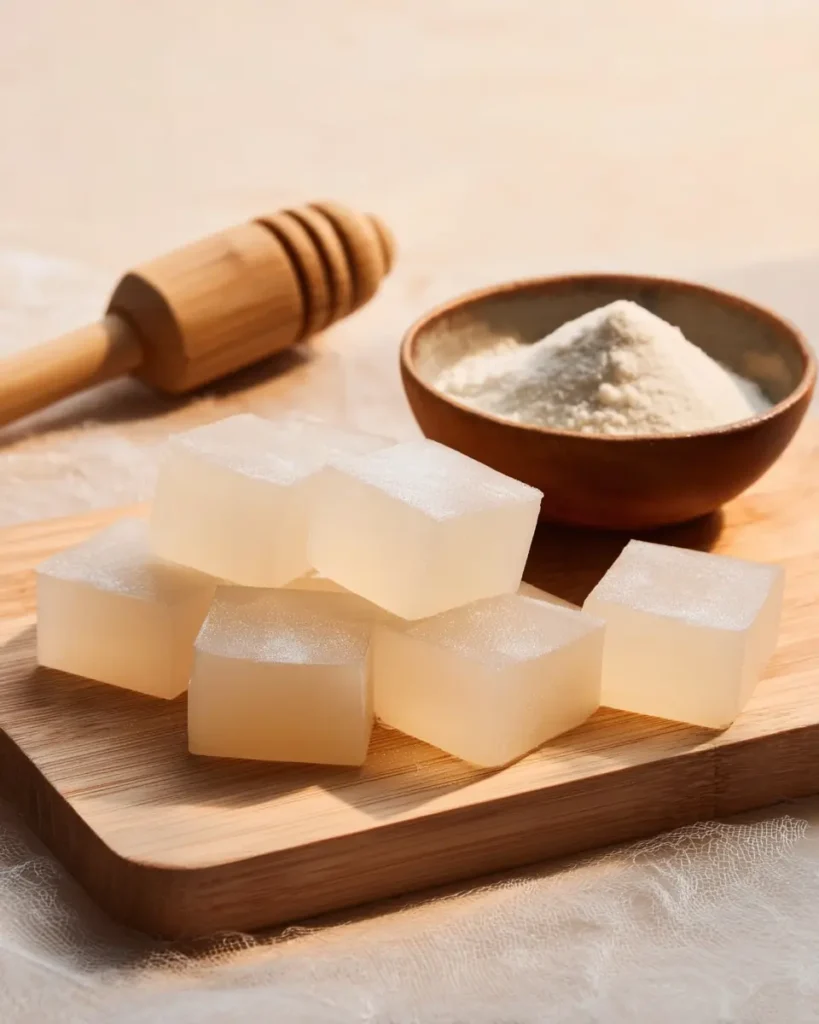 Gelatin cubes on a wooden board with gelatin powder in a bowl and spoon