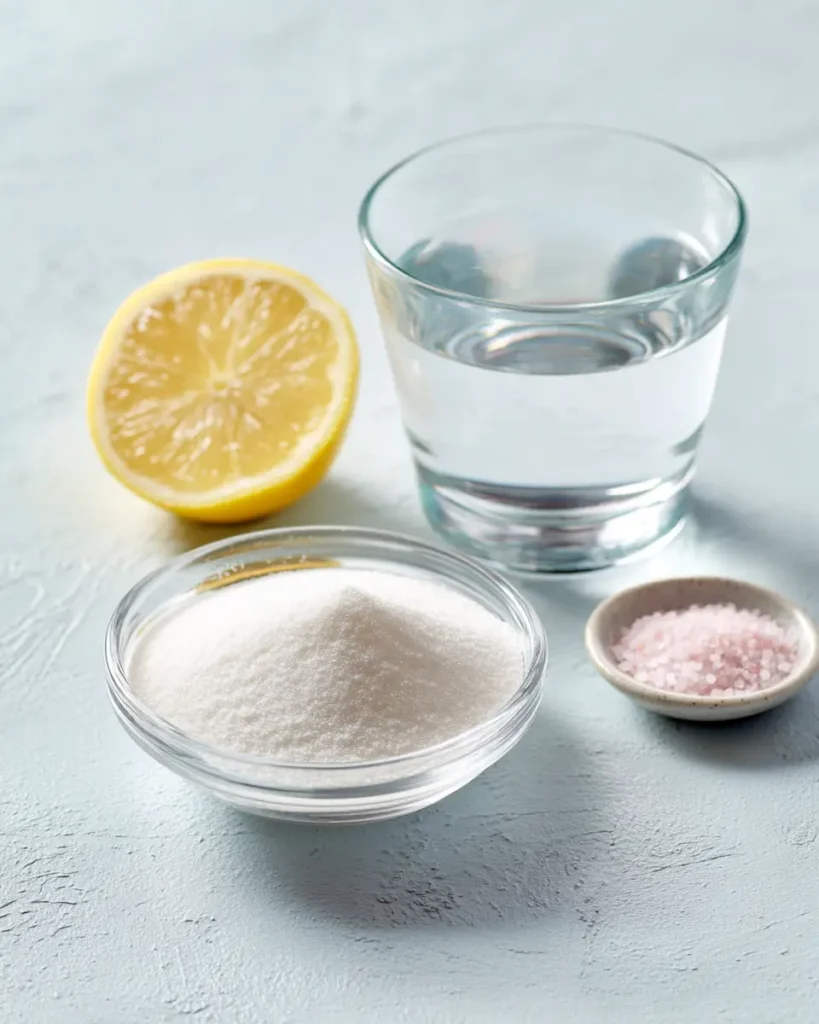 Ingredients for the gelatin trick including lemon, water, unflavored gelatin, and pink salt on a light surface.
