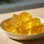 Golden gelatin cubes on a white plate against a clean white background.