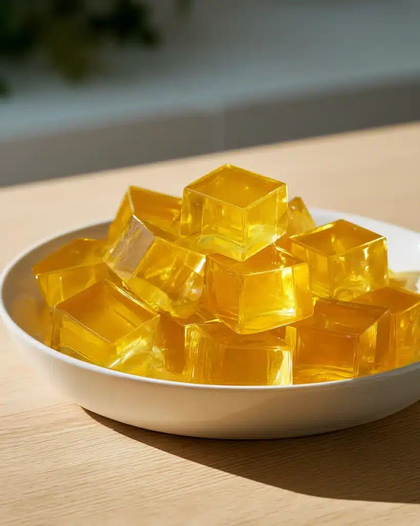 Golden gelatin cubes on a white plate against a clean white background.
